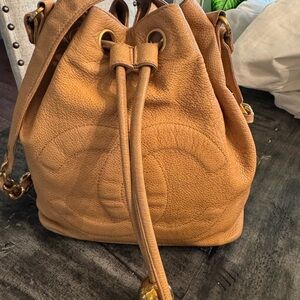 Chanel Tan Leather Shoulder Bag with Drawstring Closure
